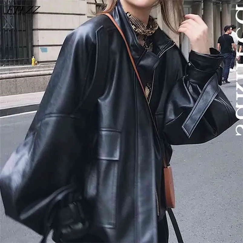 Autumn Women Loose Black Short Pu Faux Leather Jacket Casual Female Motorcycle Biker Pocket Bf Style Coat Outwear 210430