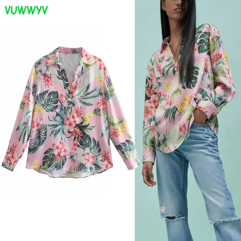 VUWWYV Pink Shirts for Women Tropical Floral Print Woman Summer Long Sleeve Collared Female Vintage Blouses 210430