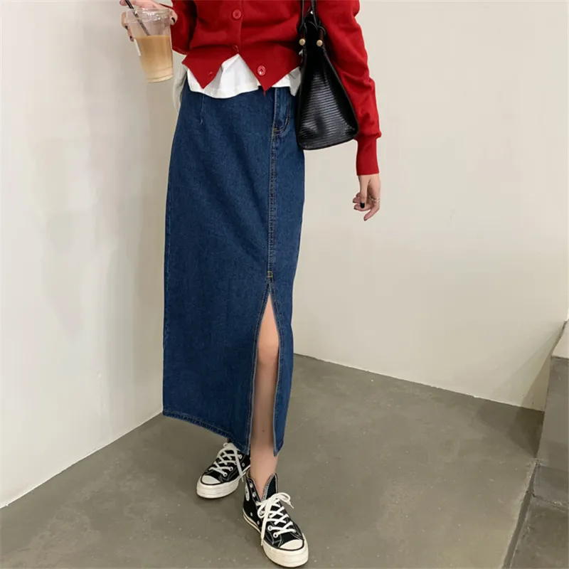 Blå Denim Skirt Work Wear Women Split High Waist Package Hip Ol Elegant Fashion Solid Long s Womens 210421