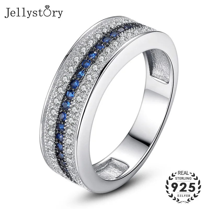 Jellystory 925 Sterling Silver Ring med Round Sapphire Zircon Gemstone Fine Smycken För Kvinnor Bröllopsfest Present Partihandel