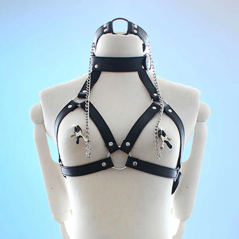 Gothic Cool Paare Faux Leder Choker-Kragen mit Nippel-Brustklemme Clipkette BDSM BH-Kabelbaum Brustgurte Frauen Accessoir P0816