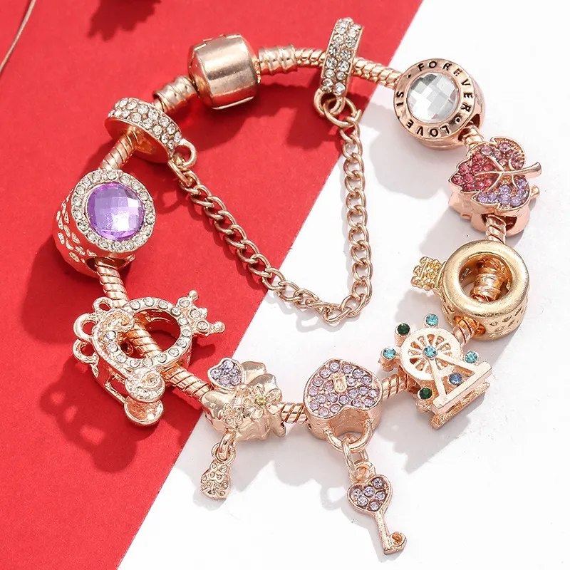 2018 Novo Charme Pulseira Ouro Rosa Joaninha Flor Coração Armário Pingente de Chave Contas de Charme Europeu Contas de Favo de Mel Bangle Fits Pandora Charm Bracelets Colar