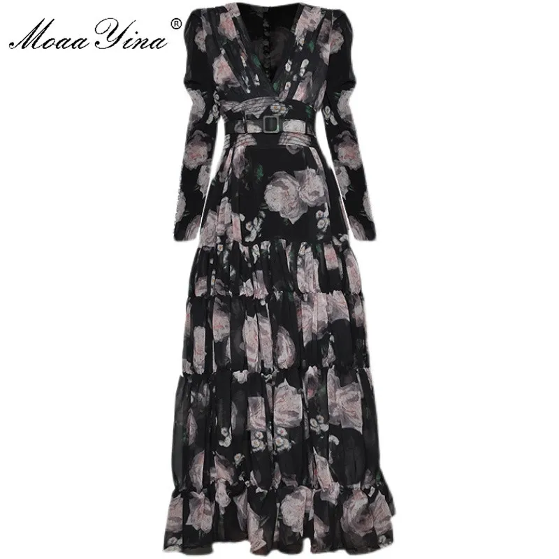 ファッションデザイナーのドレス春の女性のドレスVネックラッキング長袖花柄バケーションドレス210524