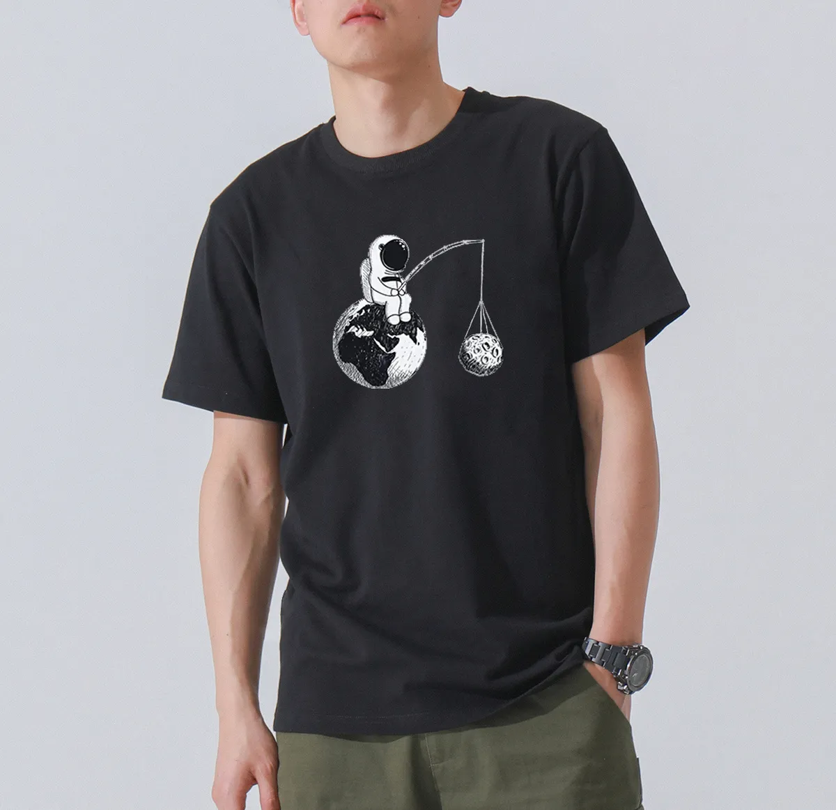 T-shirt à manches courtes pour hommes O Crund Design drôle d'astronaute impression mâle t-shirt coton tricoté confortable tissu de rue style