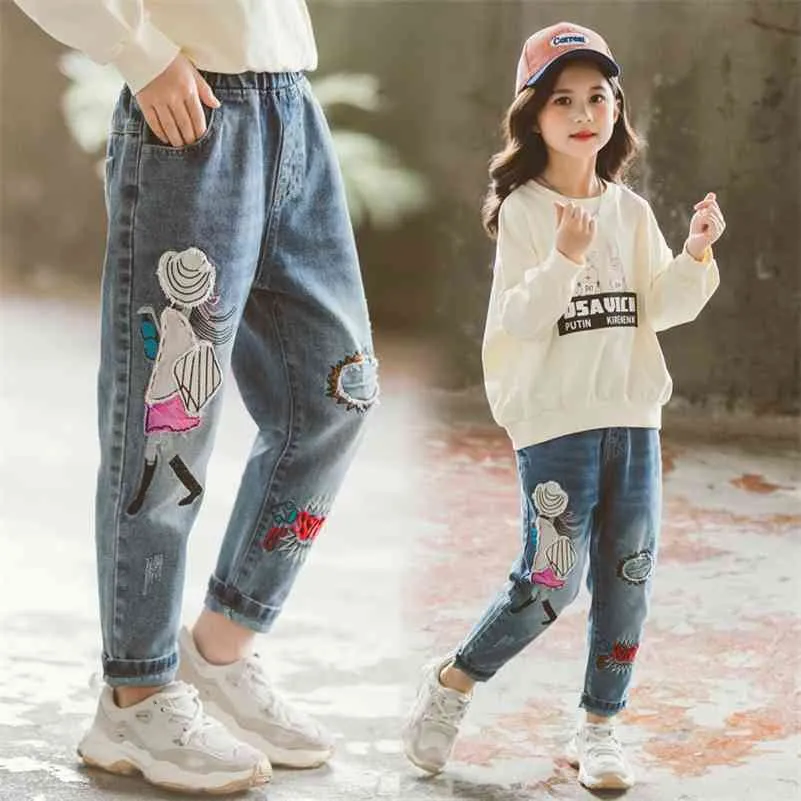 Dessin animé bleu jean pour enfants filles enfant en bas âge déchiré vêtements mignon princesse Denim pantalon bébé fille jean coton adolescent pantalon 12T 210317