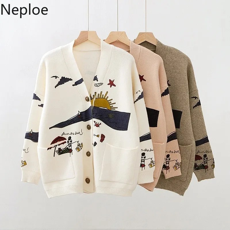 Neploe japonais mode grande taille Cardigans automne hiver Chic imprimé motif chandails tricotés coréen col en v surdimensionné hauts 210423