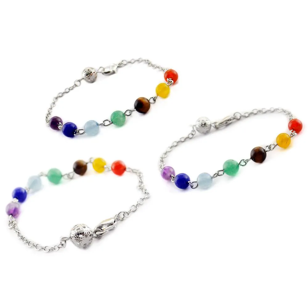 Natursten 7-färg Enkelhetsträngar Beaded Armband 7 Chakras Reiki Healing Hummer Spänne Armband Smycken Pendulum Crystal Chain Hängande Tillbehör