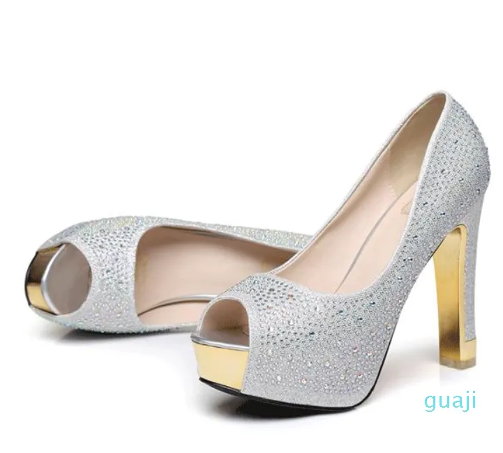 Блеск серебряные свадебные туфли Золотой бриллиант страза сексуальный высокие каблуки