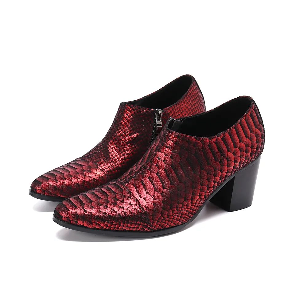 Zapatos de hombre de cuero genuino rojo, zapatos de vestir de fiesta de gran tamaño para hombre, zapatos de tacón grueso para bailarina de Jazz, botas cortas