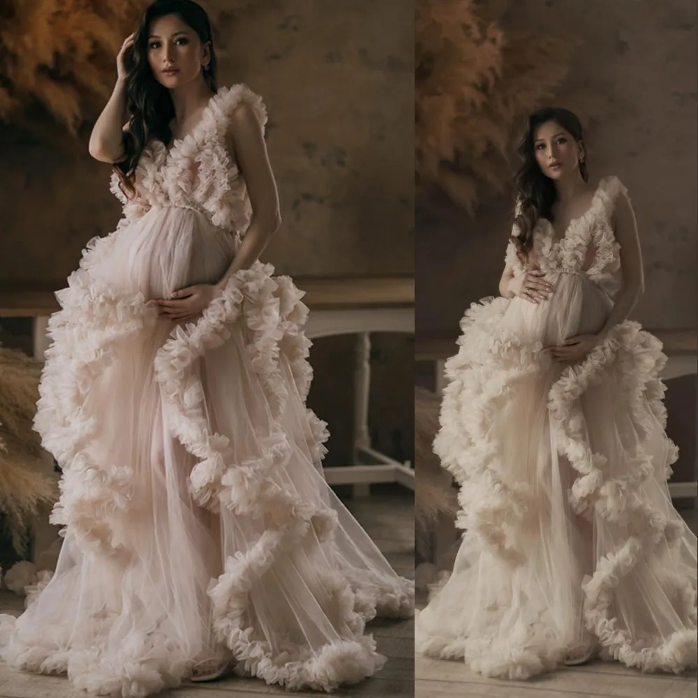 2023 Mulheres vestidos de noite usam manto chique de champanhe tulle quimono para photoshoot v pescoço vestidos de bail