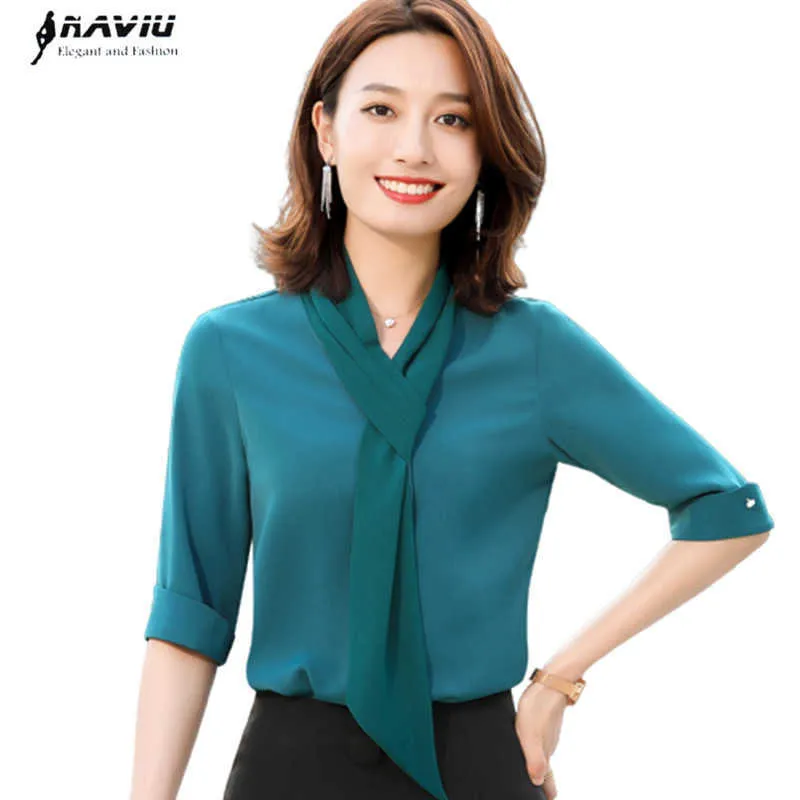 Шарф стример половина рукава дизайн зеленый шифон женщины весенний темперамент мода блузки офисные дамы OL рабочие вершины красный 210604