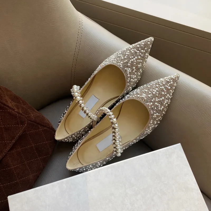 Frauen Luxusdesigner Schuh Mary Jane Slip auf Baily Ballet Flat Schuhe Edelstein-verknüpfte Nieten mit Spannsteine ​​Perlen Perle Spoed Zehen Dressschuhe