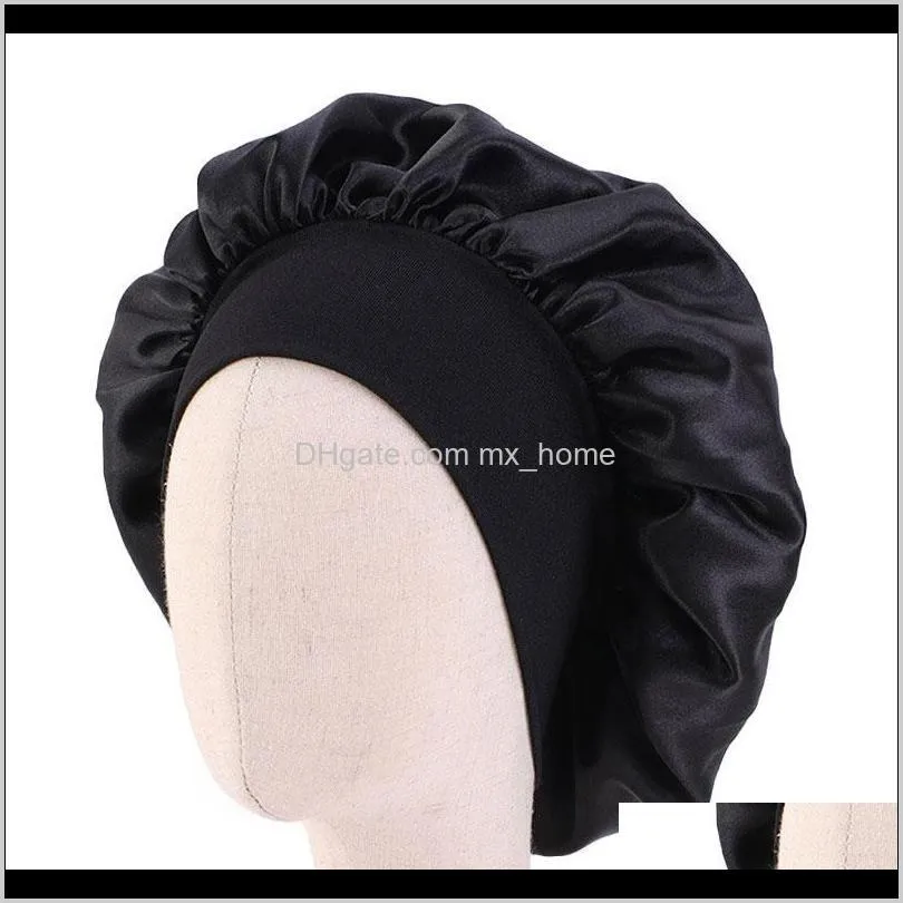 kids satin bonnet cap solid color turban bath hat girl`s wide elastic band night sleeping beanies