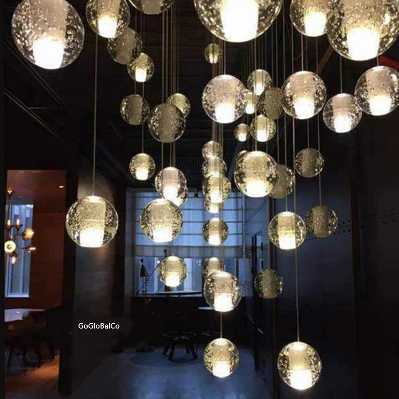 Contemporâneo Cristal Bola de Vidro Candelabros Lâmpada Pingente Luxo LED Alto Teto Luzes Escada Bar Gota Candelabro Iluminação