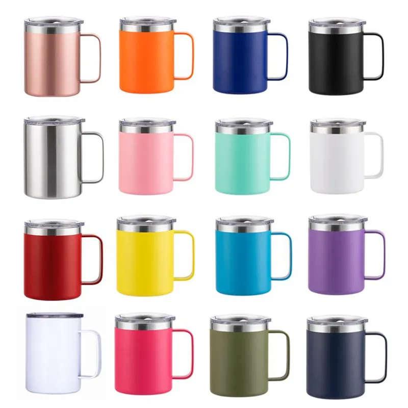 12 oz kaffemugg med handtag isolerad rostfritt stål återanvändbar dubbelvägg vakuum öl resekopp tumbler pulverlackerad med skjutbara slutna lock