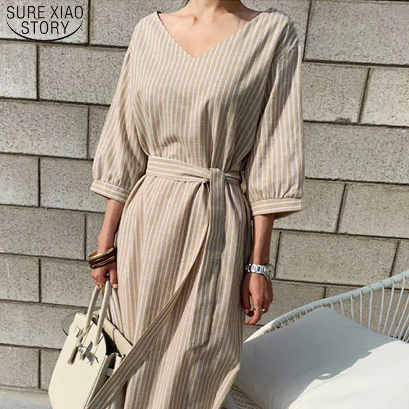 Sommar Striped Bomull Linne Lång Klänning Kvinnor Mode Plus Storlek Vestidos Vintage V-Neck Half Sleeve Lös klänning för kvinnor 210527