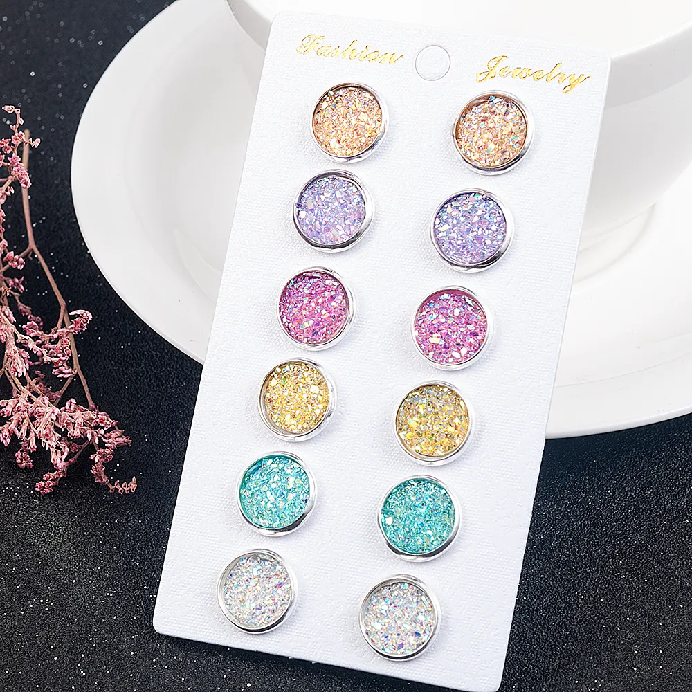 Fashion 6 Pairs/Set Silver plated Round stainless steel 12mm Resin Druzy Drusy Earrings Handmade Stud for Women Jewelry