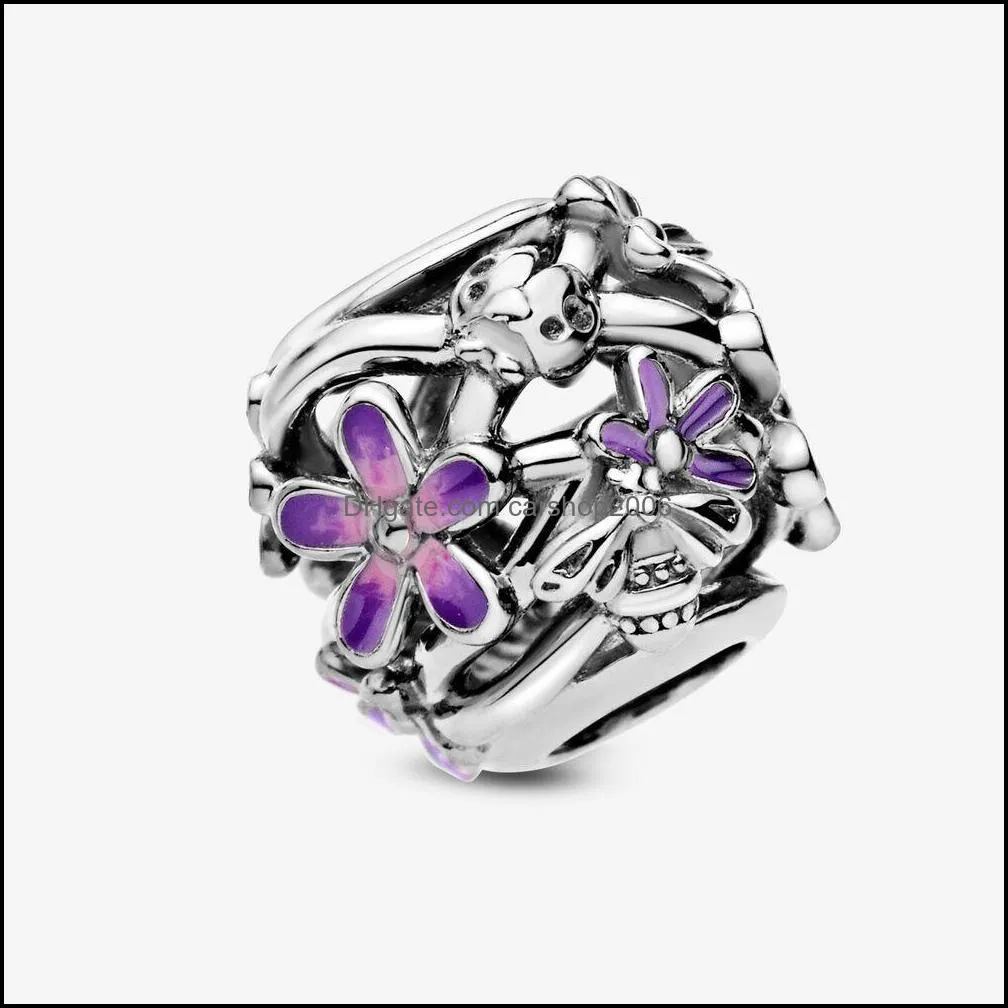 New Arrival 100% 925 Sterling Silver Openwork Purple Daisy Charm Fit Original European Charm Bracelet Fashion Jewelry Accessories