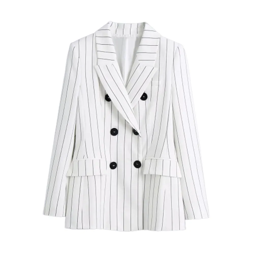 BBWM Vintage Elegant Women Jacket Fashion Stripe Female Work Suit Turn-Down Collar Double Breasted Coat Chic Top Casual Oversize 210520