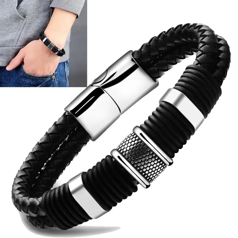 Charm Bracelets Gentleman Leather Titanium Stainless Steel Braided Clasp Bangle Bracelet For Men And Women Retro Bangles Jewelry A++