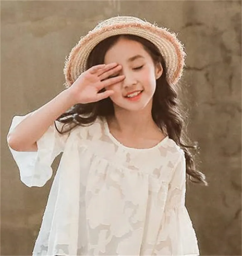 Girls Summer Blouse Teenage School Girls Tops and Blouses Cotton White Shirt for Girl Solid Red Shirts Children Clothing 586 Y2