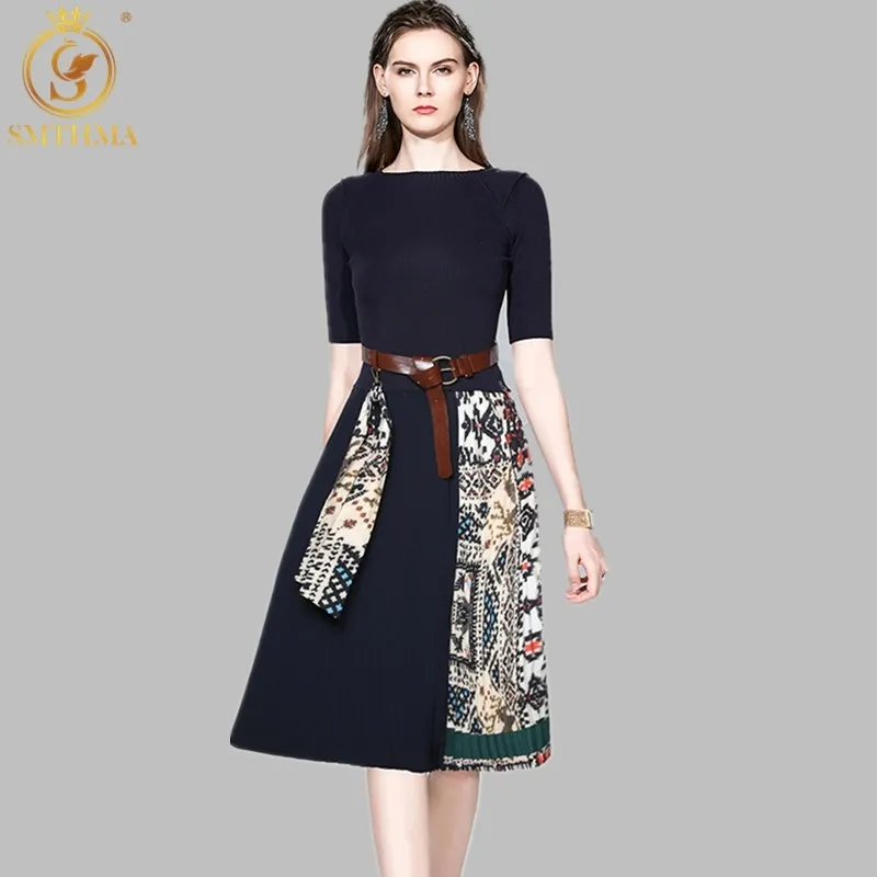 Fashion High Quality Luxury Design Runway Dress Women Vintage Slim Waist Pleated Knit Summer Dresses 210520