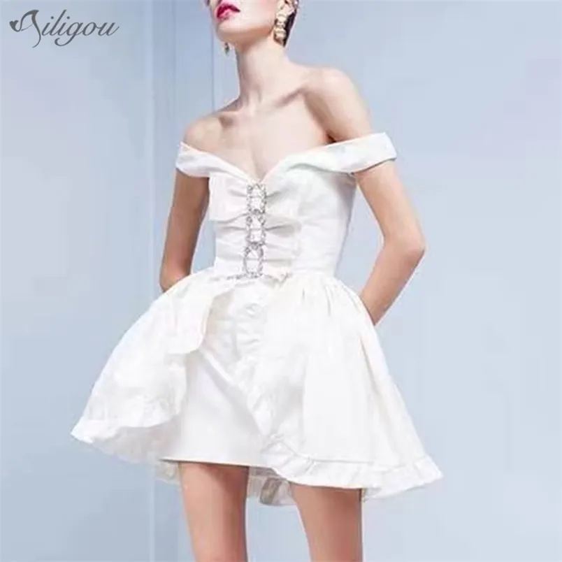 Women's V-neck Sleeveless Mini Diamond Button Ruffle Sexy Celebrity Party Dress for Summer White Casual 210525