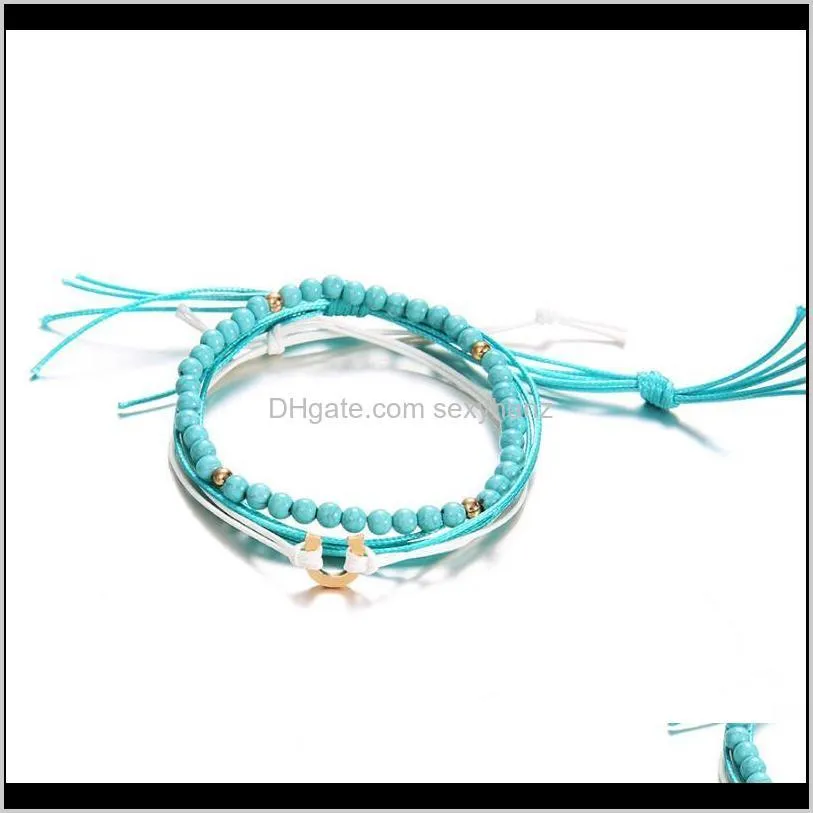 trendy multilayer string beaded wax line u-shaped pendant anklets turquoise round bead summer beach men women anklet bracelet jewelry