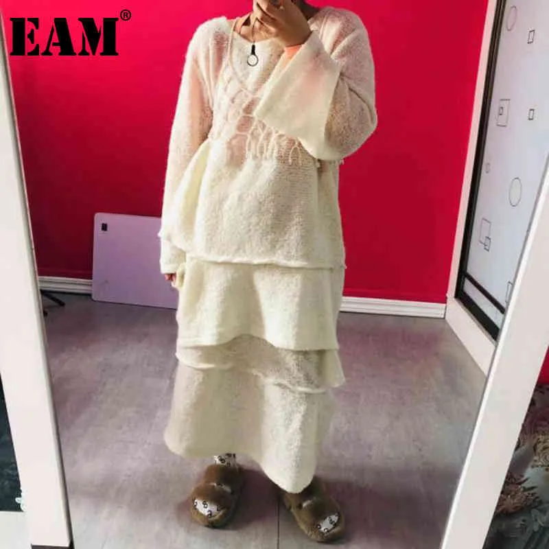 [EAM] femmes dentelle grande taille tricot trou robe col rond manches longues coupe ample mode printemps automne 1DD6844 210512