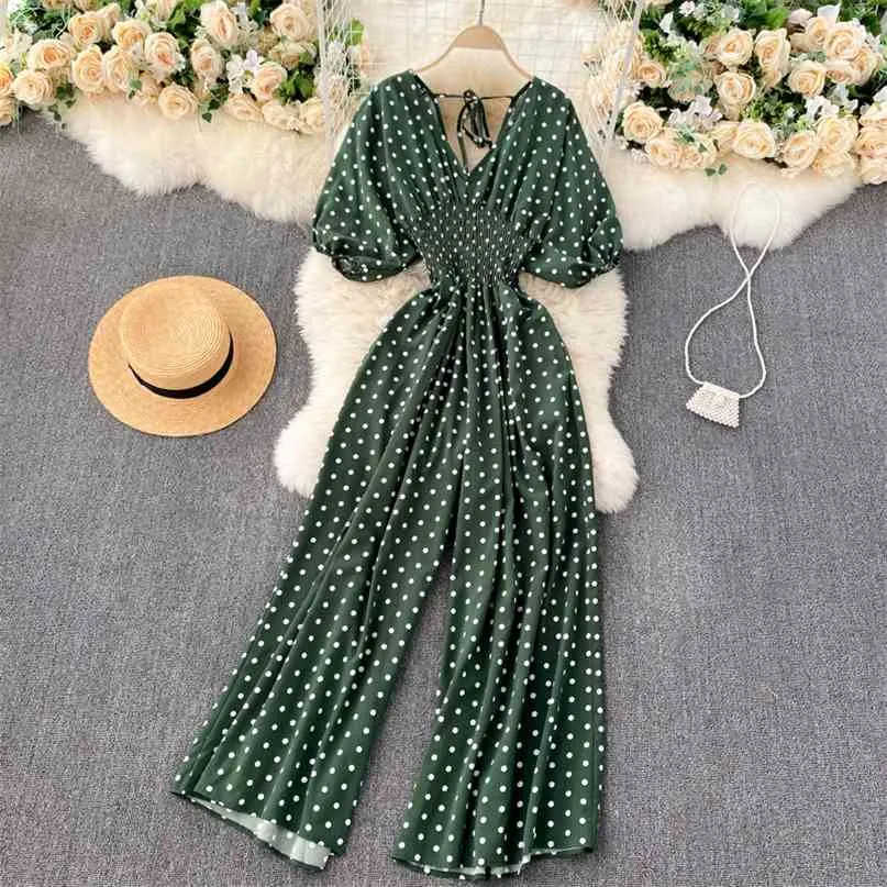 Women Summer Polka Dot Puff Sleeve Jumpsuit Elastic Waist Wide Leg Romper Casual V-neck Pocket Holiday Beach Overalls 210603