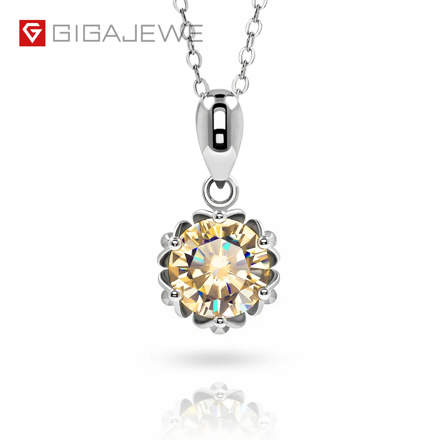 GIGAJEWE 1.0ct 6.5mm Champagne Pendant Round 18K White Gold Plated 925 Silver Necklace Moissanite Lotus Shape GMSN-013