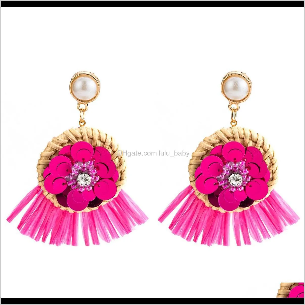 rattan woven sequins with diamond lafite tassel earrings multi-layer exaggerated earring