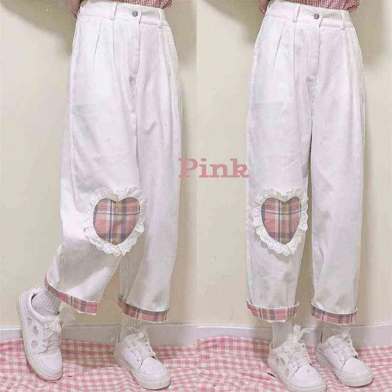 Japanese Kawaii Pink Corduroy Pants For Women Soft Plaid Wide Leg