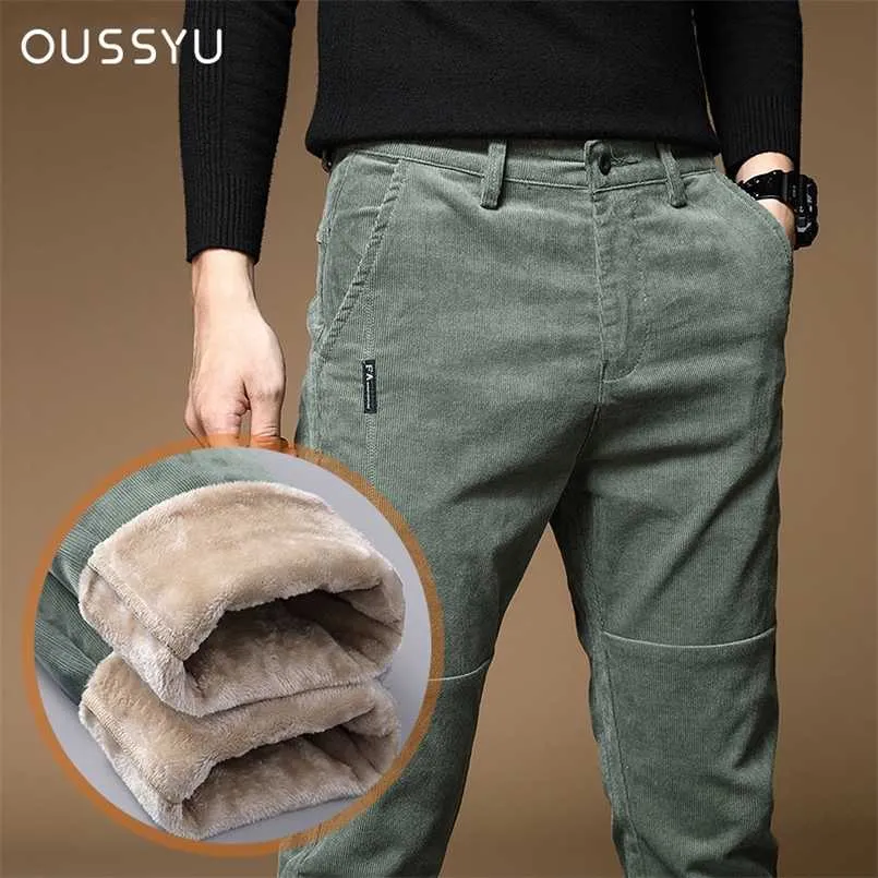 High Quality Oussyu Winter Fleece Warm Corduroy Pants Men Thick Casual Business Fashion Stretch Velvet Black Gray Green Trousers 211112