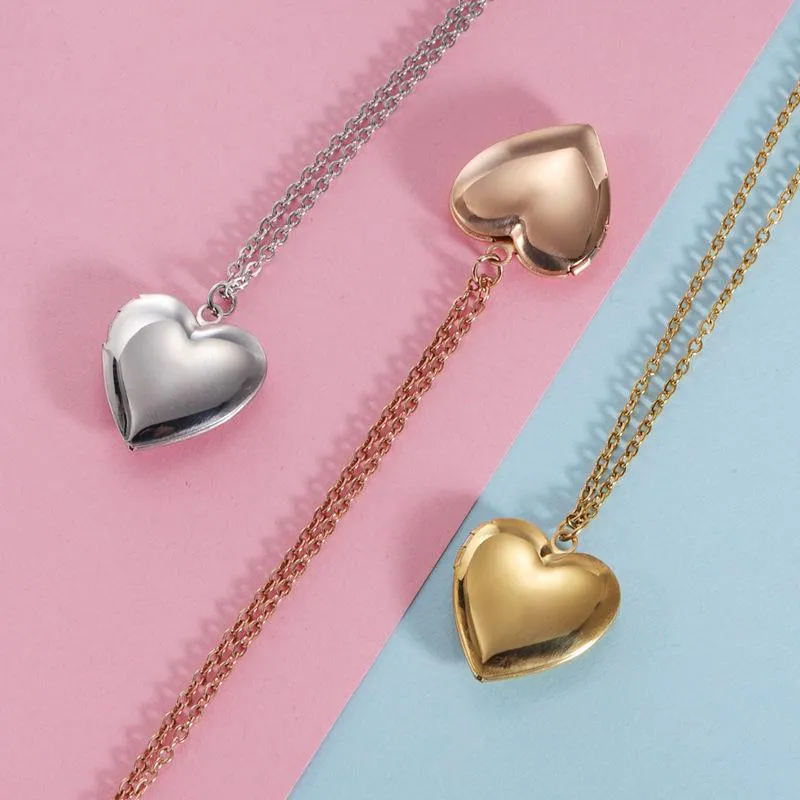 Hängsmycke Halsband Koreansk FashionRomantic Heart Po Frame för Kvinnor Gåvor Kan öppnas Rostfritt Stål Löfte Kärlek Keepsak Smycken