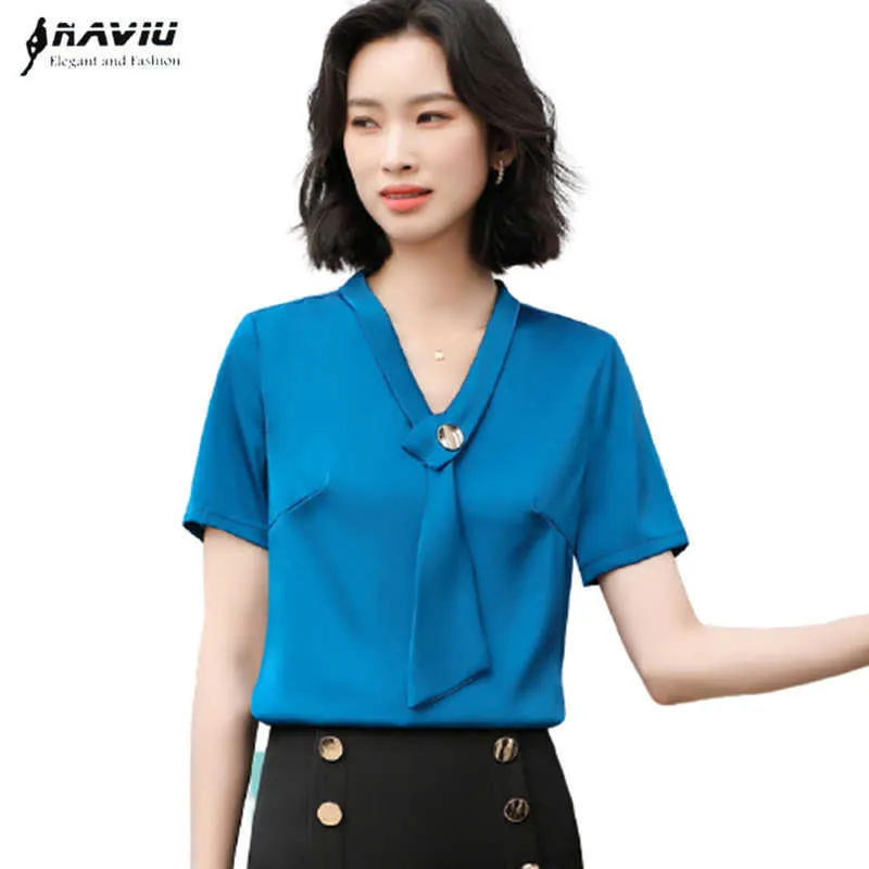 Blue Szyfonowa Koszula Kobiety Lato Krótki Rękaw Design Moda Temperament Streamament V Neck Bluzki Biurowe Panie Pracy Topy 210604
