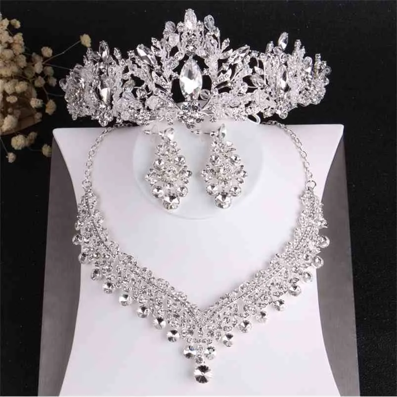 Barock Luxury Crystal Pärlor Bröllop Smycken Stetsar Tiaras Crown Halsband Örhängen Bröllop Afrikansk set 210701