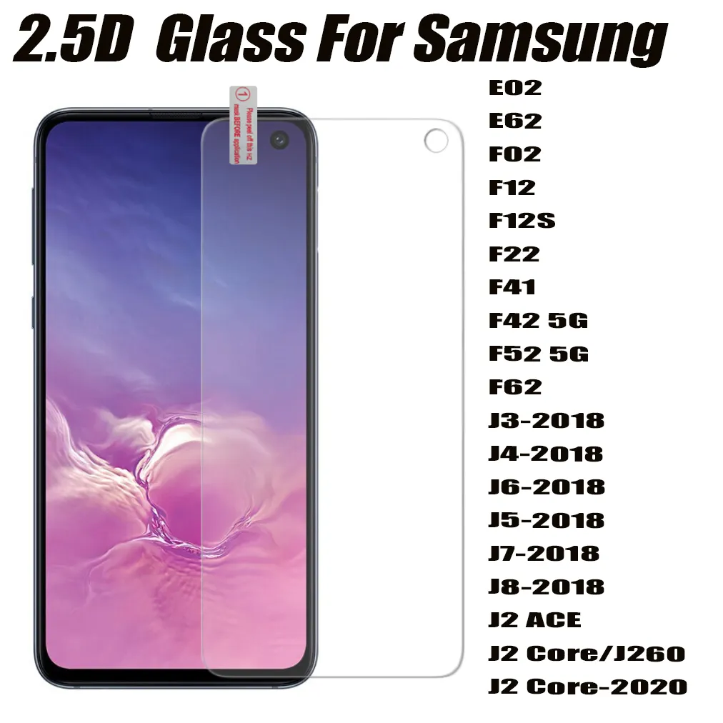 2.5D 0.33mm Закаленное стекло экрана экрана телефона протектор для Samsung Galaxy E02 E62 F02 F12 F122 F22 F41 F42 F52 F62 J3 J4 J6 J7 J8 2018 J2 ACE C0RE 2020
