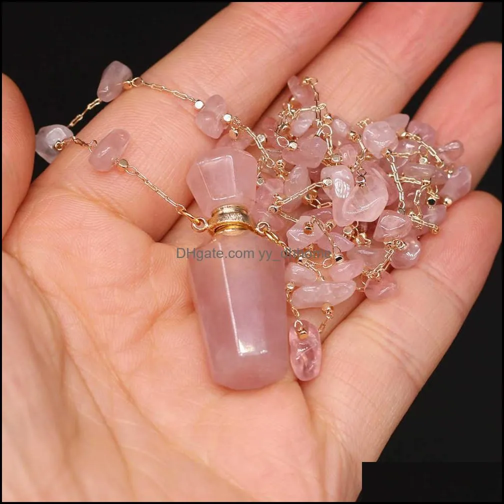 Natural Stone Perfume Bottle Necklace Irregular Pink Quartz Pendant Charms for Elegant Women Love Romantic Gift 60 Cm