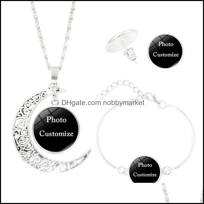 Bracelet, Earrings & Necklace Jewelry Sets Personalized Custom Made Po Medallions Set Glass Cabochon Pendant Moon Stud Dangle Bracelet Bangl