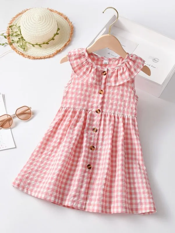 Девушки для девочек Gingham Rootch Trumb Button Pressing она