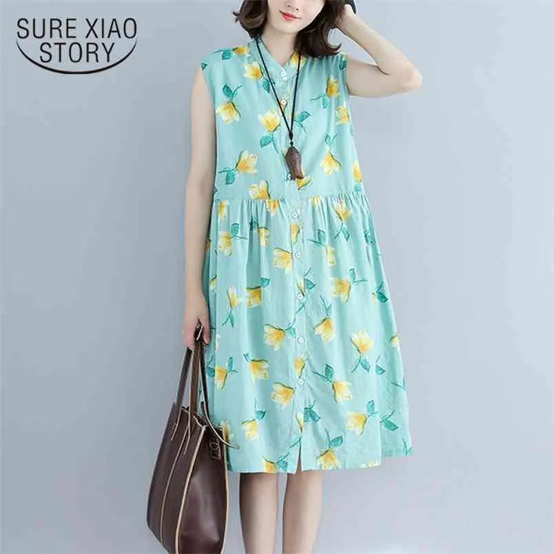 Sommar mode kvinnor klänning blommig tryck ärmlös es grön söt sundress o neck knappar damer 0402 40 210506