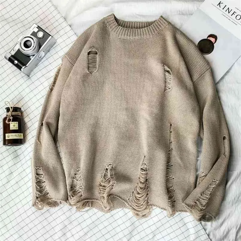 Wash Hole Ripped Knit Sweaters Men Women Streetwear Hip Hop Pullovers Jumper Fashion Oversized All-match Winter Clothes 210812