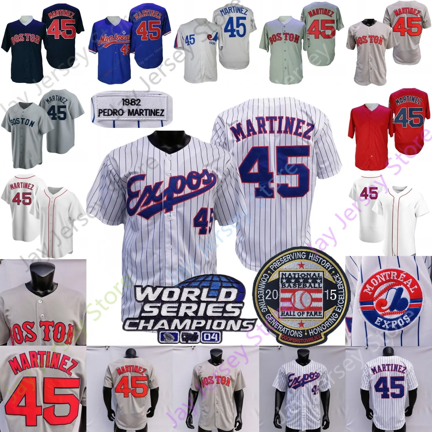 Koszulka Pedro Martinez Vintage 2004 WS 2015 Hall Of Fame Naszywka Expos 1982 Biała prążkowana Niebiesko-szara Trun Back Czerwona Granatowa Rozmiar S-3XL