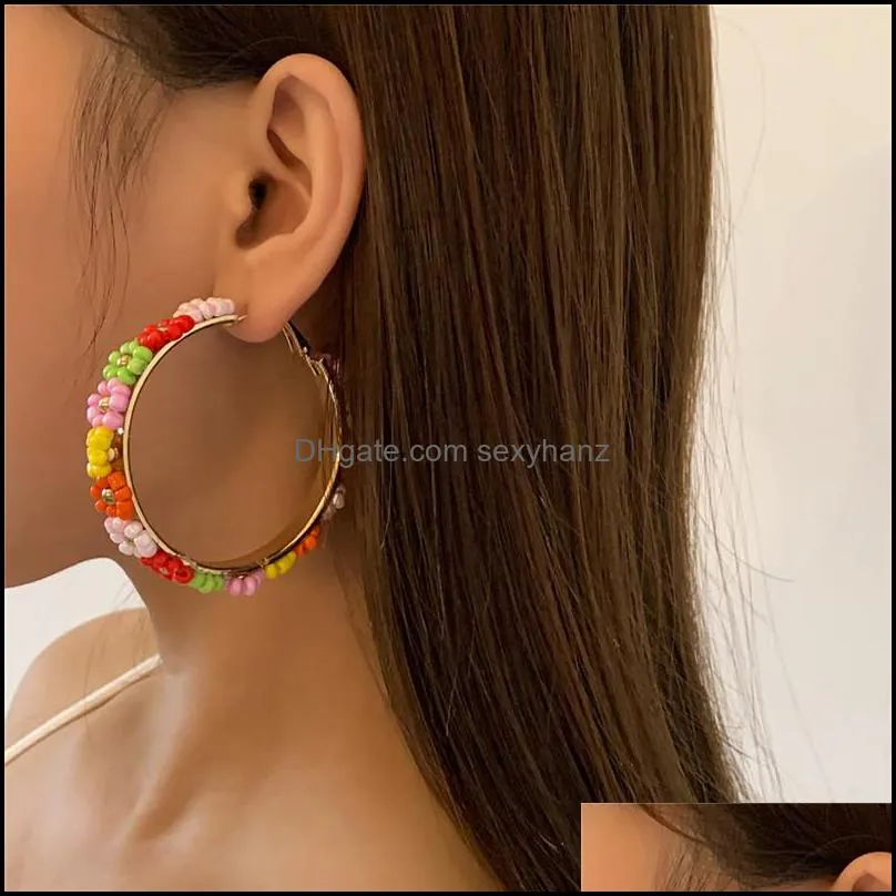 European Beaded Daisy Flower Earrings Hoop Ethnic Style Colorful Vacation Circle Ring Women Summer Beach Party Gift Earring Jewelry Accessories