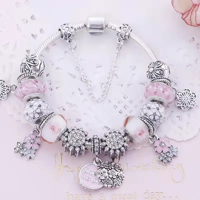 18 à 21CM fleur de pêcher charme perle bracelet douce mère charmes pendentif fit bracelet en argent ou chaîne de serpent DIY Bijoux Accessoires pour les cadeaux de la fête des mères