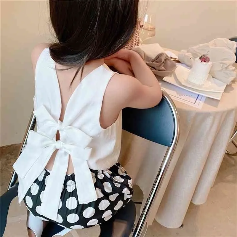 Arrivée d'été Filles Mode Coréenne Design Ensembles Enfants Dot Costume Back Bow 210528