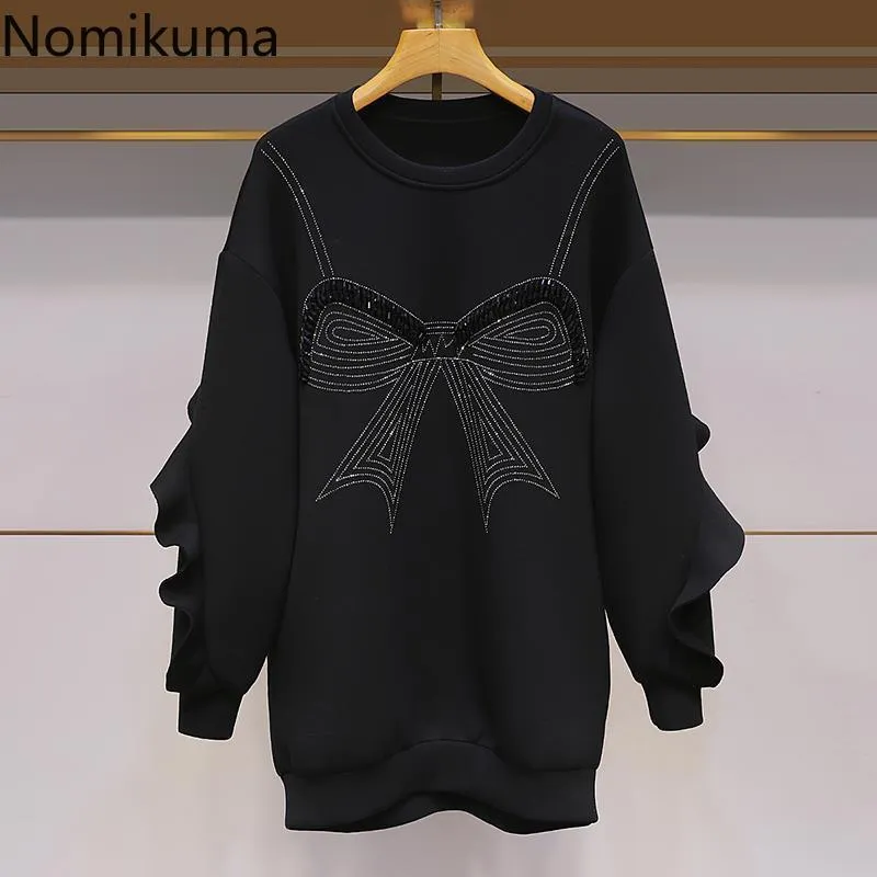 Nomikuma Koreański koraliki Diamenty Bowknot Pullover Bluza Wzburzyć Patchwork Z Długim Rękawem Bluzy Jesień Średnio-Długi Jumper 6C726 210427