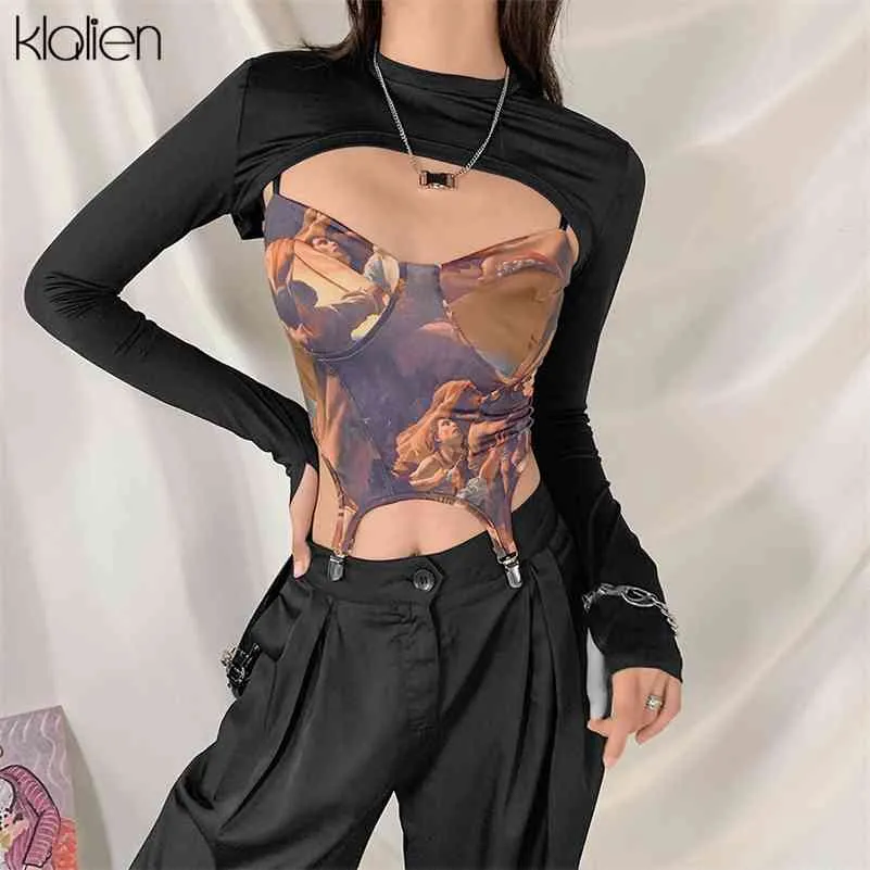 KLALIEN Fashion Print Long Sleeve Female T Shirt Spring High Street Casual Simple Harajuku Top Women Slim Was Thin Aesthetic Tee 210719