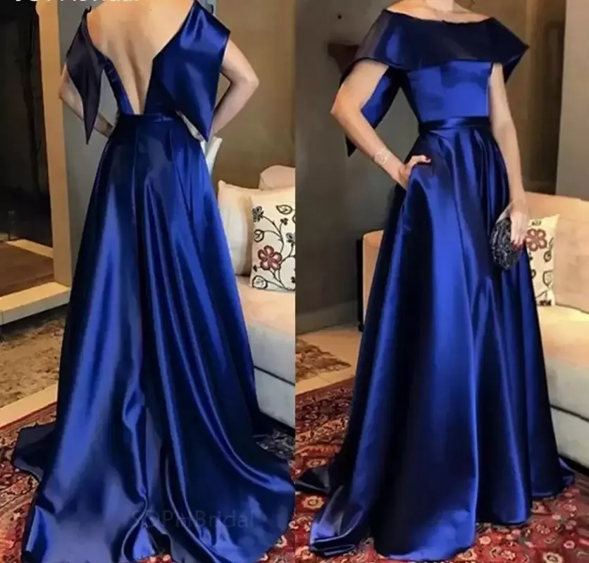 Królewskie Blue Promowe sukienki z ramion satynowe długość podłogi niestandardowa Suknia Linia Ball Evening Party Formalne OCN Wear Vestido 403 403